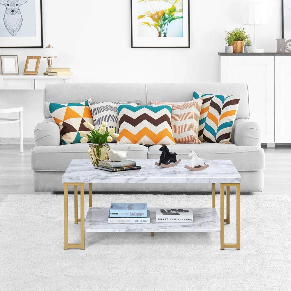Tavolino da Caffè a 2 Livelli, Tavolo Portaoggetti Solido, Stile Moderno, Adatto per Soggiorno, Ufficio, Camera da Letto,100x50x45 cm, Bianco+Oro