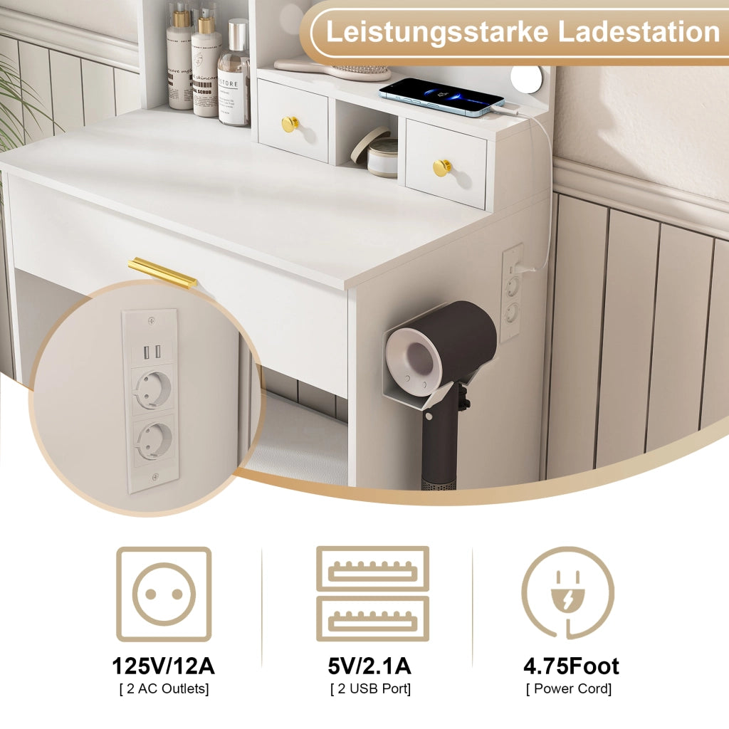 Tavolo da toeletta compatto con specchio LED regolabile; presa; porta asciugacapelli; sgabello imbottito; cassetti e mensola; Bianco; B60×H131;5×P38cm