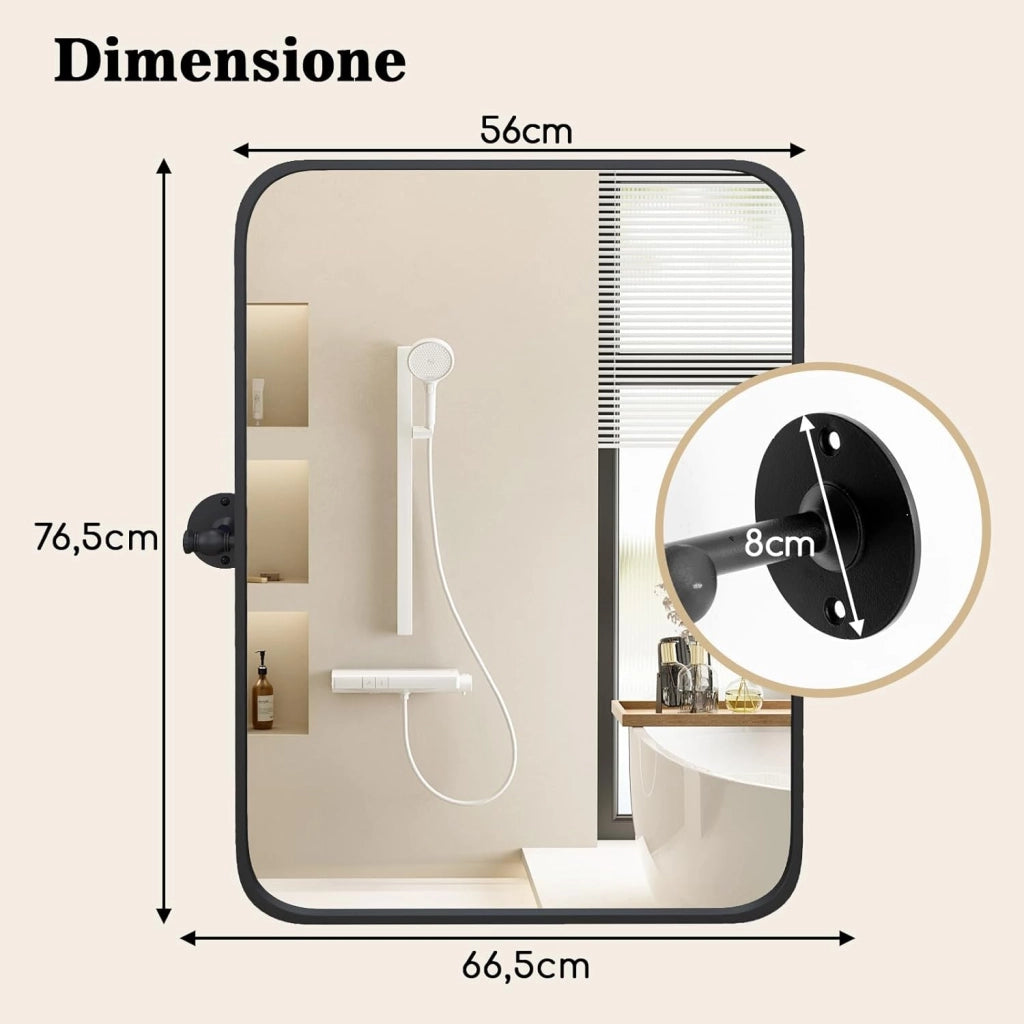 Specchio Rettangolare da Parete 76,5 x 66,5 cm, Specchio da Bagno con Cornice in Metallo, con Staffe da Parete in Stile Rustico, Ideale per Bagno Soggiorno Ingresso, IP44