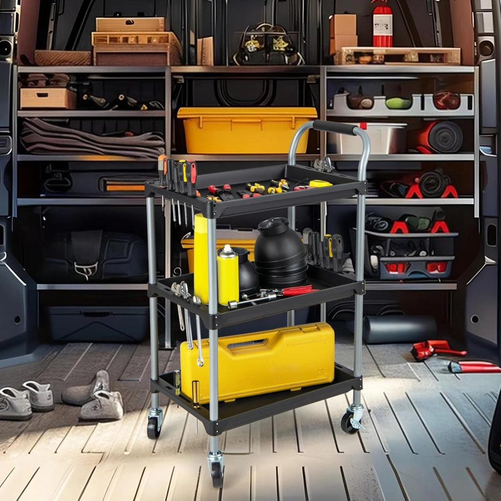 Carrello Utensili a 3 Strati, Carrello Porta Attrezzi con Manico Imbibito e Ruote Universali Bloccabili per Garage, Magazzino, Officina e Cucina, Portata 45 kg, 64 x 40 x 102 cm