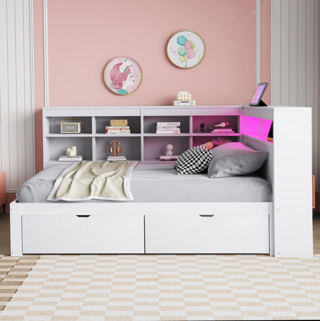 Letto 90x200 cm con contenitori; cassetti; USB e LED in legno