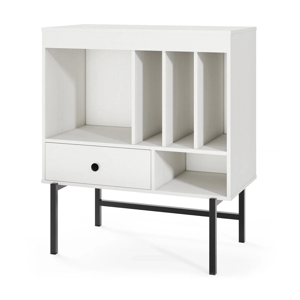 Large Record Player Stand with Open Compartments and Album Holders-White