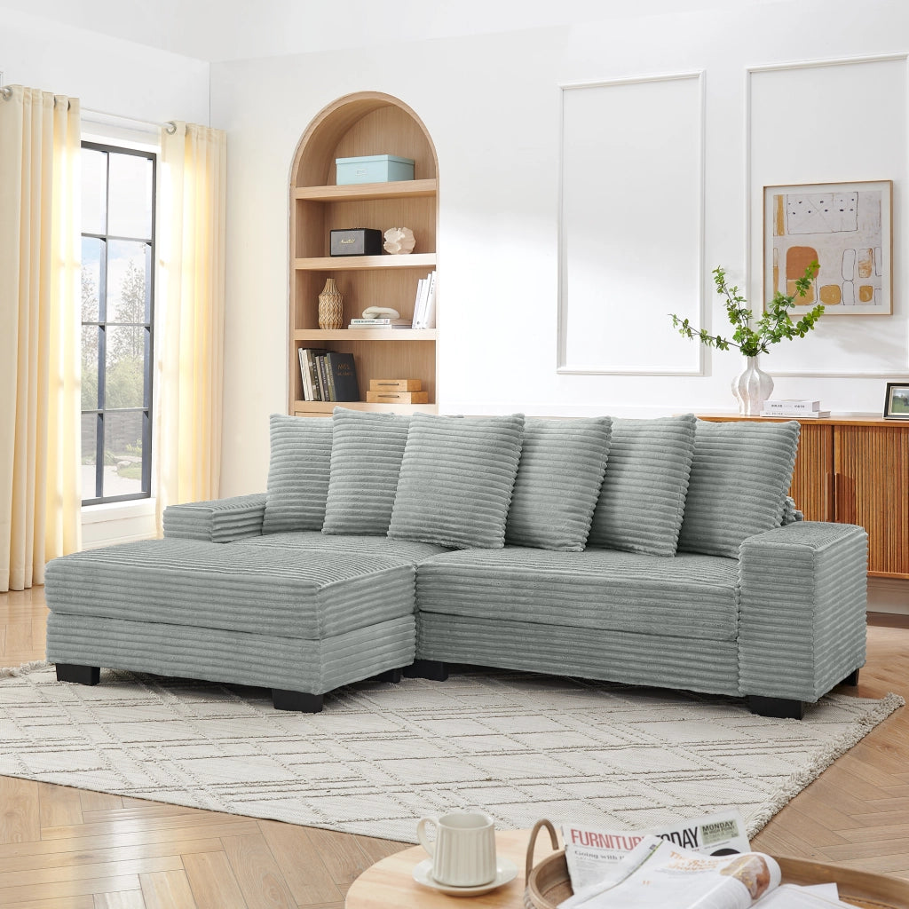 Divano angolare 4 posti con chaise longue reversibile e 6 cuscini in velluto a coste grigio