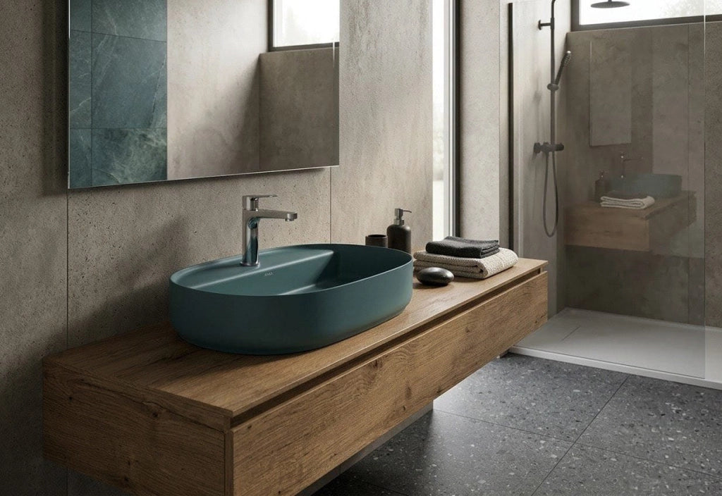 Lavabo ovale da appoggio senza troppo pieno in ceramica con foro rubinetto - Verde Petrolio Opaco