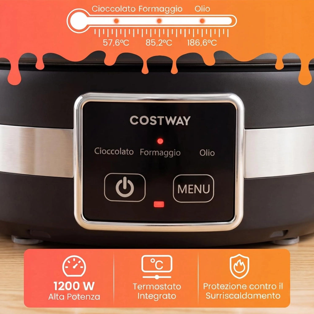 COSTWAY 1200W Set Fonduta Elettrica, in Acciaio Inox con Pentola da 2,3L, Base Riscaldante, 6 Forchette, per Formaggio Cioccolato, Temperatura Regolabile e Protezione dal Surriscaldamento