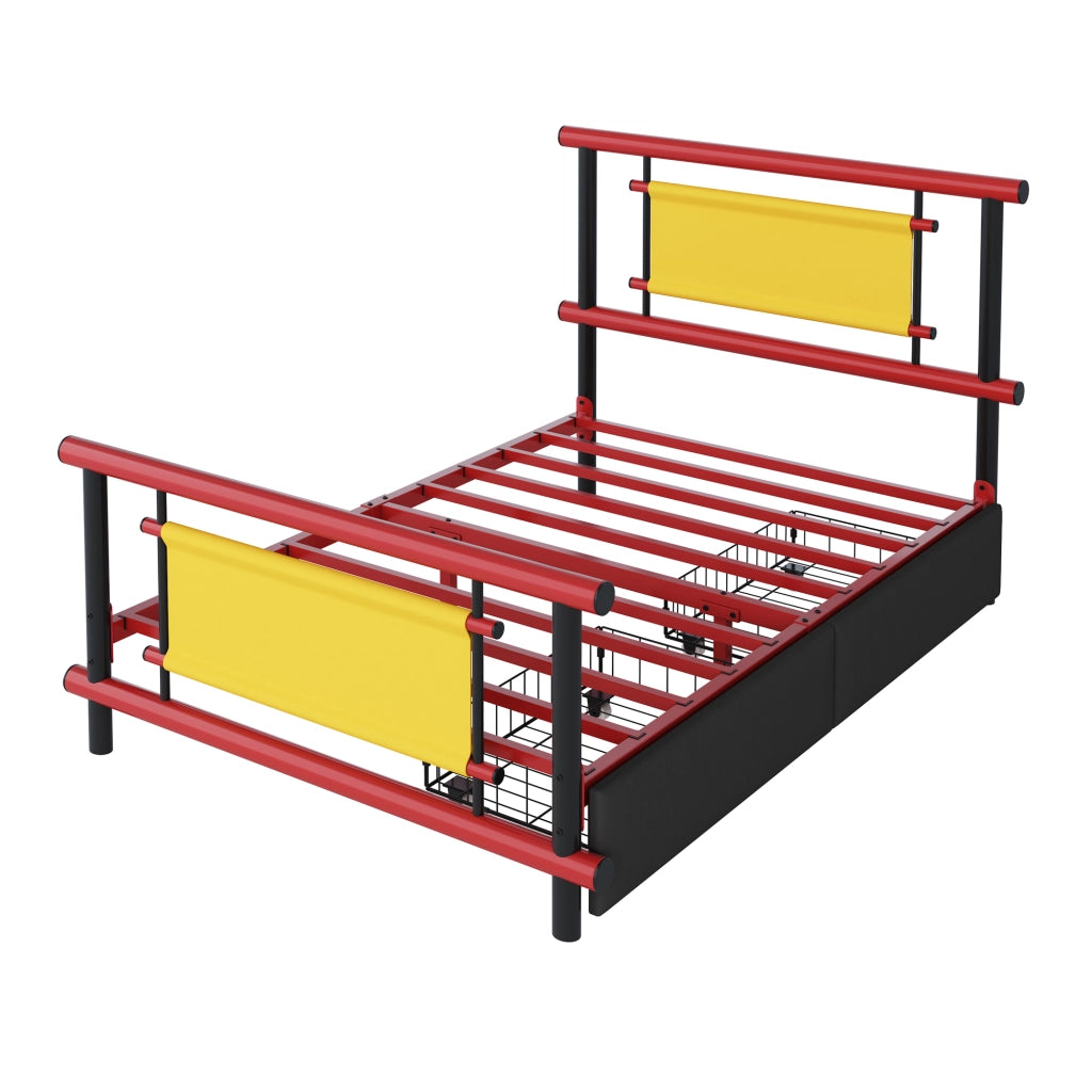 LETTO per bambini 90x200 cm in metallo rosso con cassetti