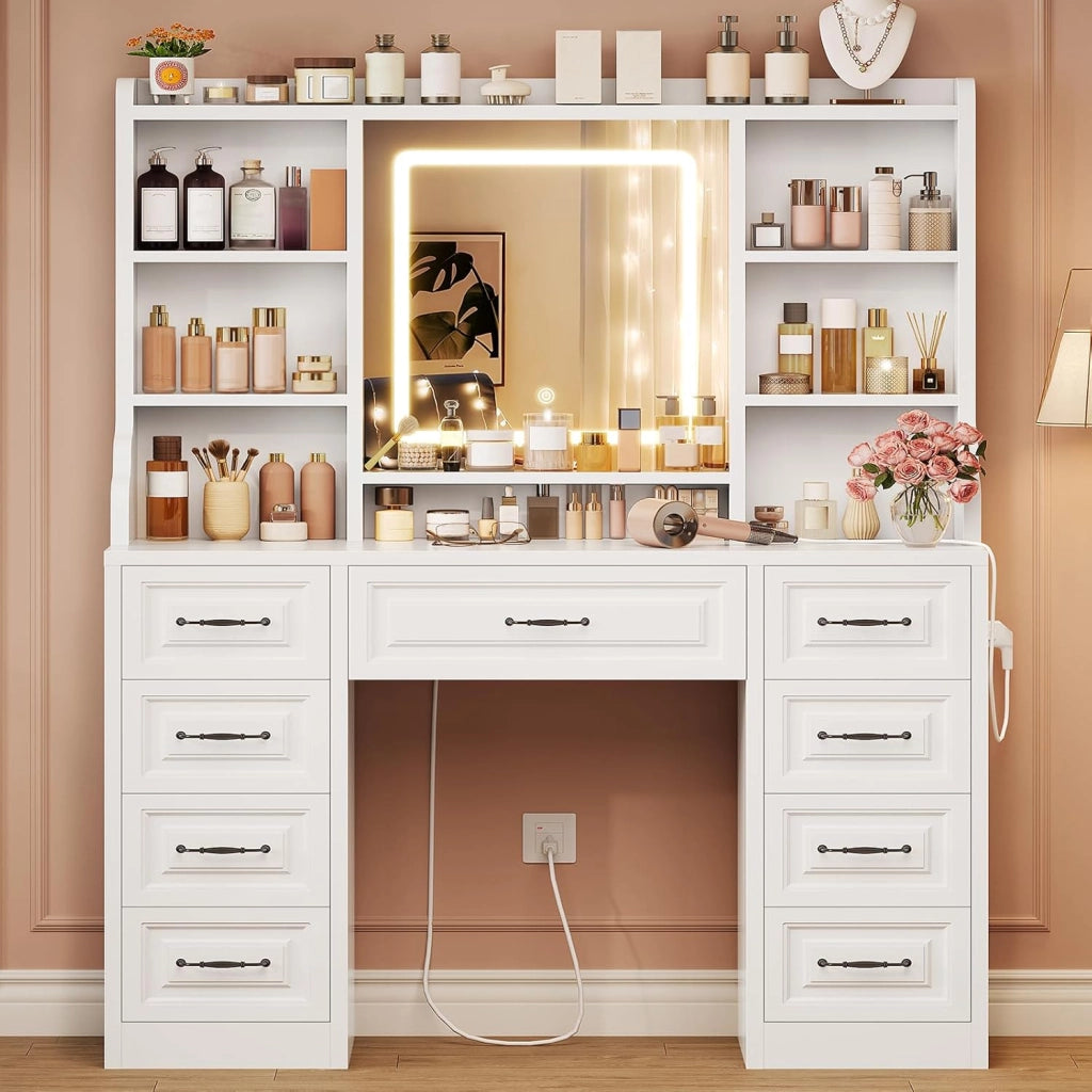 Toeletta da Trucco con Specchio, Toeletta con Luce LED, 3 Colori, Luminosità Regolabile, Postazione Trucco con 9 Cassetti e 6 Ripiani Aperti, Stile europeo elegante, Bianco