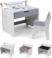 Set Tavolo e Sedia per Bambini 2 in 1, Set con Scrivania e Sedia in Legno per Bambini con Piano Rimovibile, Spazio di Archiviazione e Porta Rotolo di Carta per Aula e Cameretta (Grigio+Bianco)