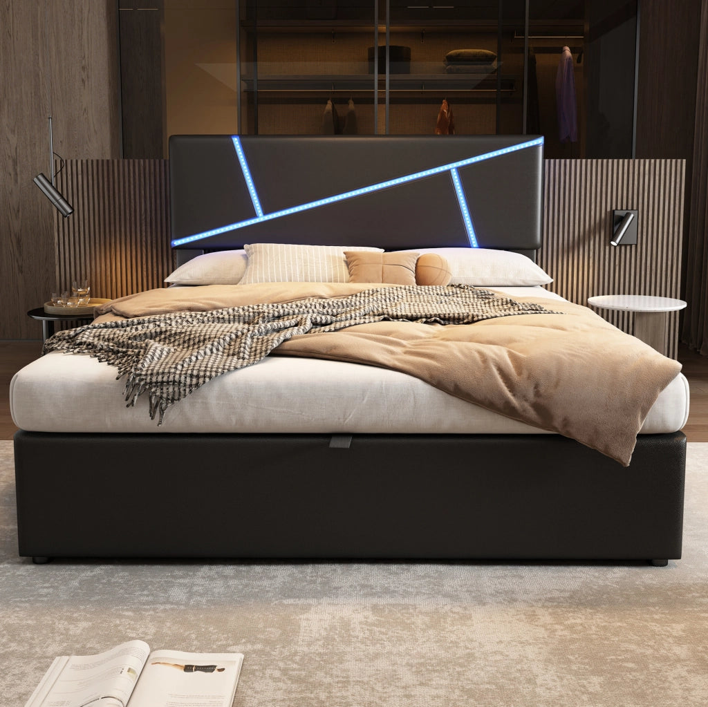 Letto imbottito con LED e contenitore in PU nero