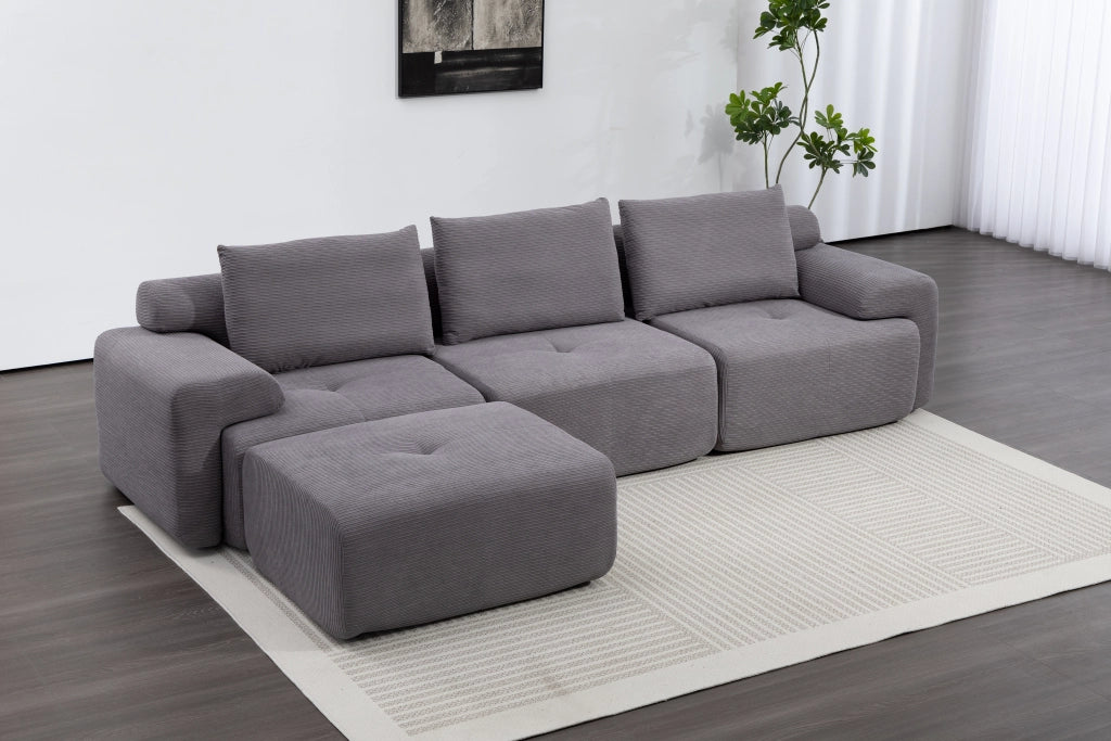 Divano angolare modulare senza struttura con schiuma ad alta densità e rivestimento in tessuto grigio scuro