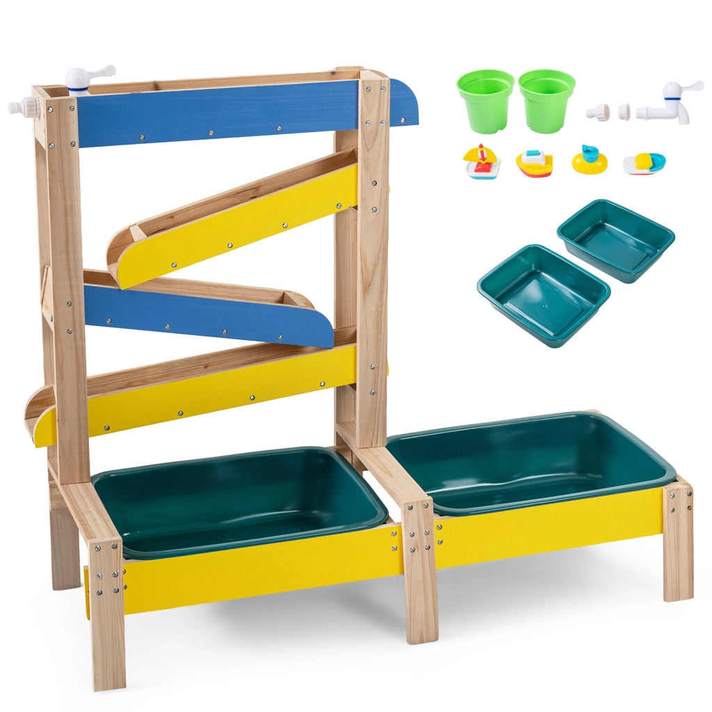 Tavolo sabbia e acqua in legno con rubinetto bambini 3+, Tavolo gioco acqua con barchette sottomarino 2 vasche e 2 vasi