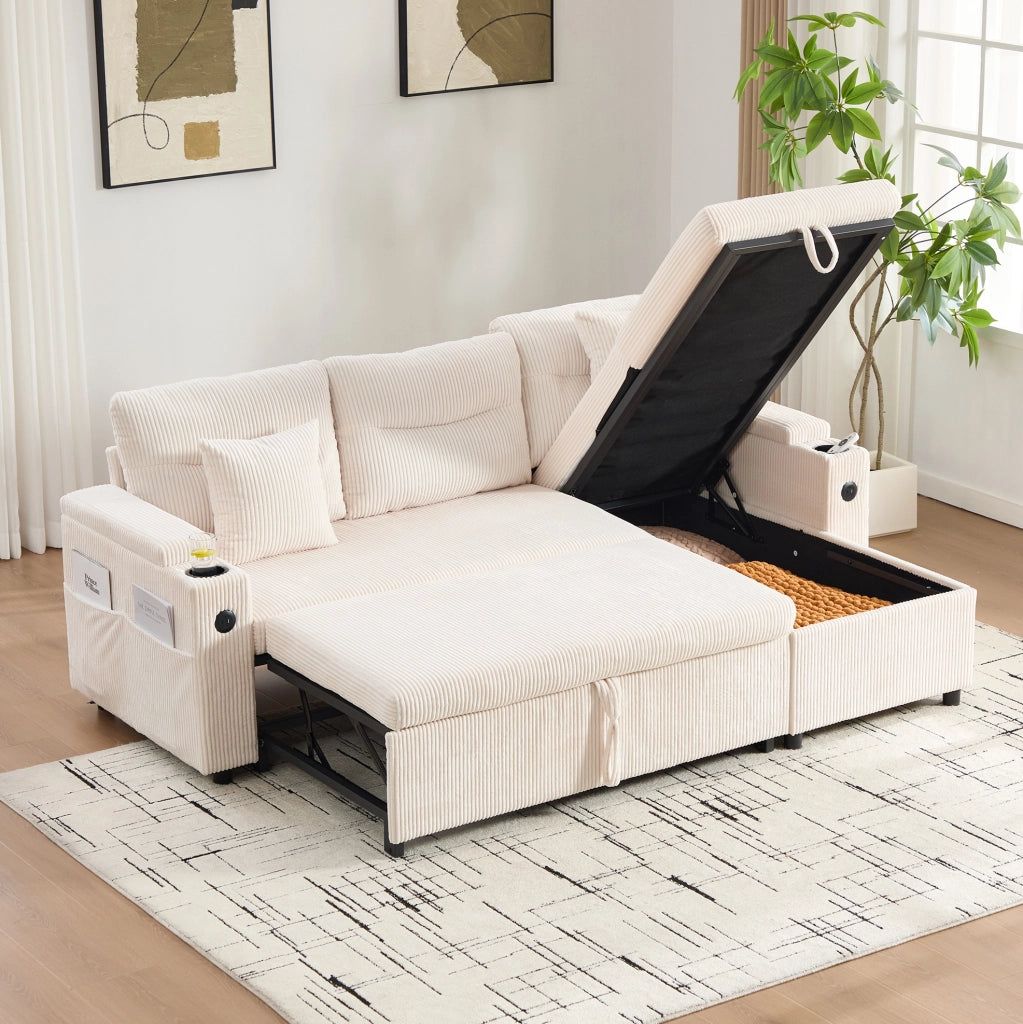 Divano 3 posti in tessuto corduroy beige con chaise longue idraulica; letto estraibile e USB-C