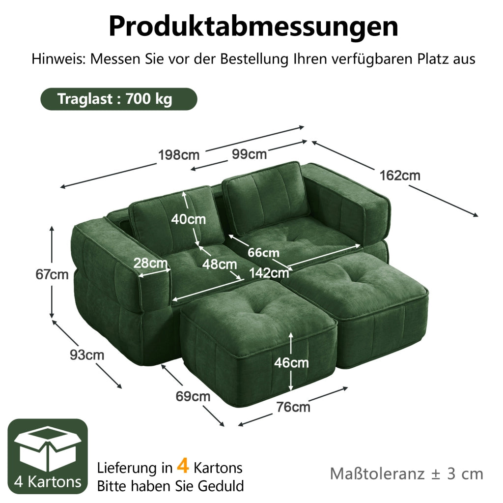 Divano modulare 198x162x67 cm in poliestere verde con seduta profonda e base antiscivolo