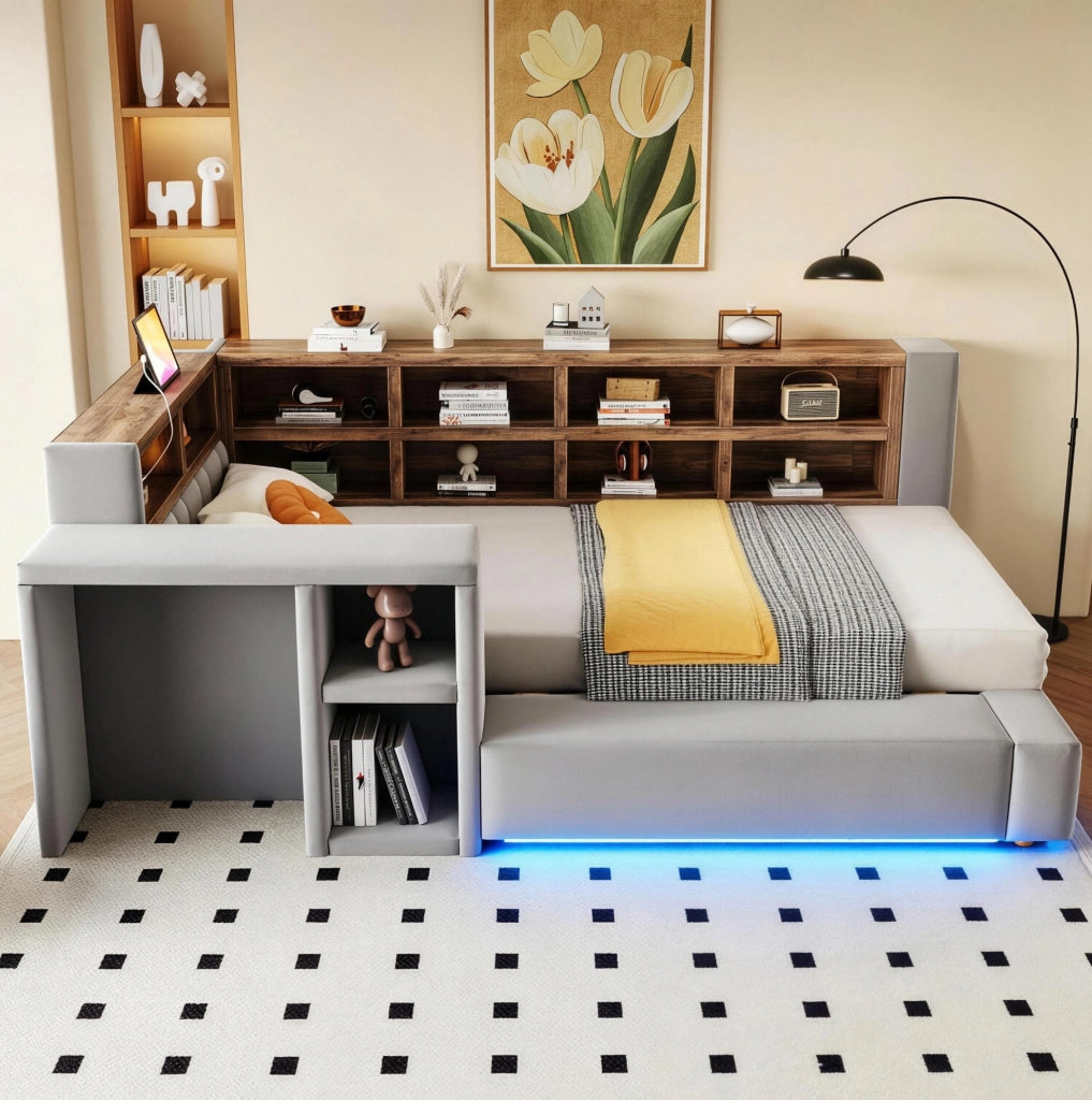 LETTO imbottito 90x200 cm grigio scuro con vani, LED e prese