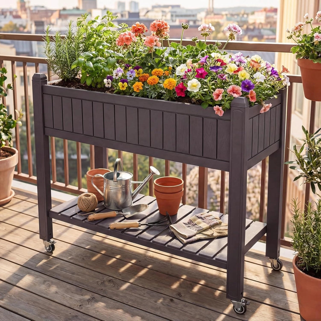 Letto da Giardino Rialzato con Ruote, Fioriera Elevata Divisibile con Monitor d’Acqua, Foro di Drenaggio e Ripiano per Verdure, Erbe, Contenitore Impermeabile per Piante da Cortile e Patio
