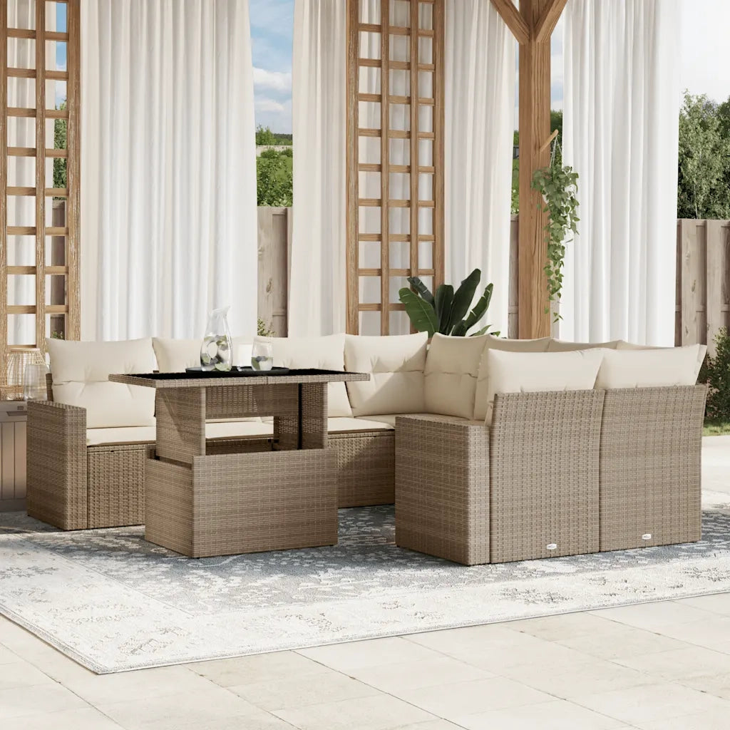 Set Divano da Giardino 9 pz con Cuscini Beige in Polyrattan