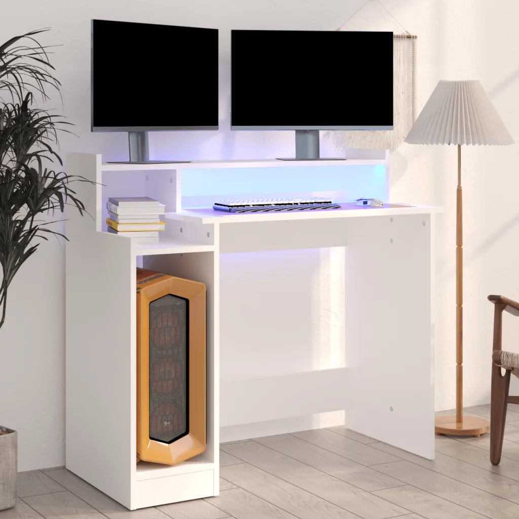 Scrivania | Tavolo da Ufficio con Luci LED Bianca 97x45x90 cm in Legno Multistrato