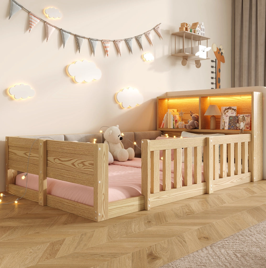 Letto per bambini 90x200 cm con sponde, LED e testiera contenitore naturale