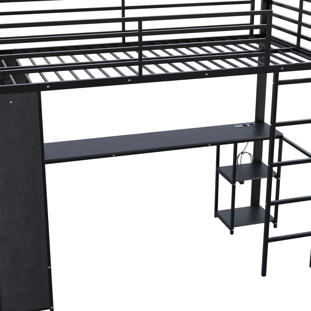 Letto a soppalco 90 x 200 cm in metallo e MDF con LED; scrivania e armadio aperto; nero