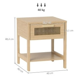 Comodino in rattan naturale con cassetto e ripiani 40x40x48,4 cm
