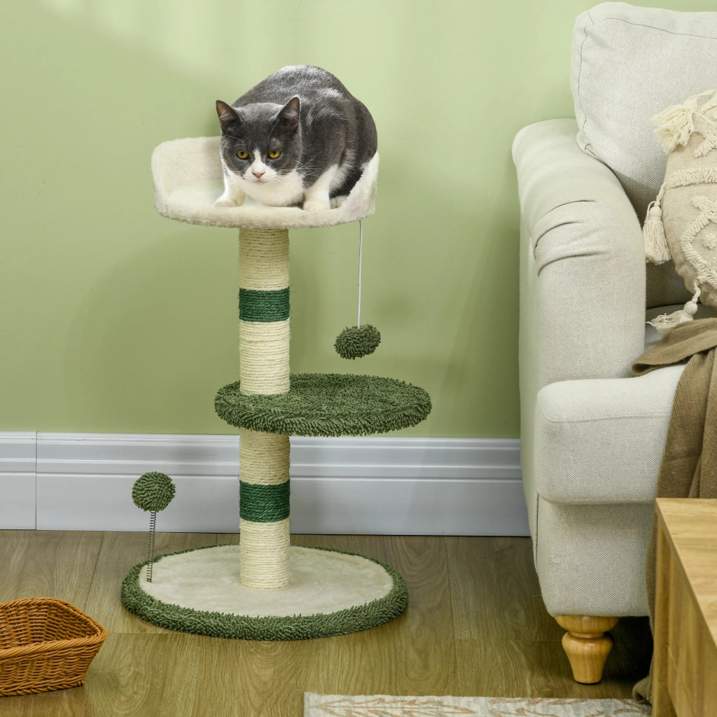 Albero Tiragraffi con Lettino per Gatti, 2 Palline, Piattaforma e Palo in Sisal, Verde e Bianco
