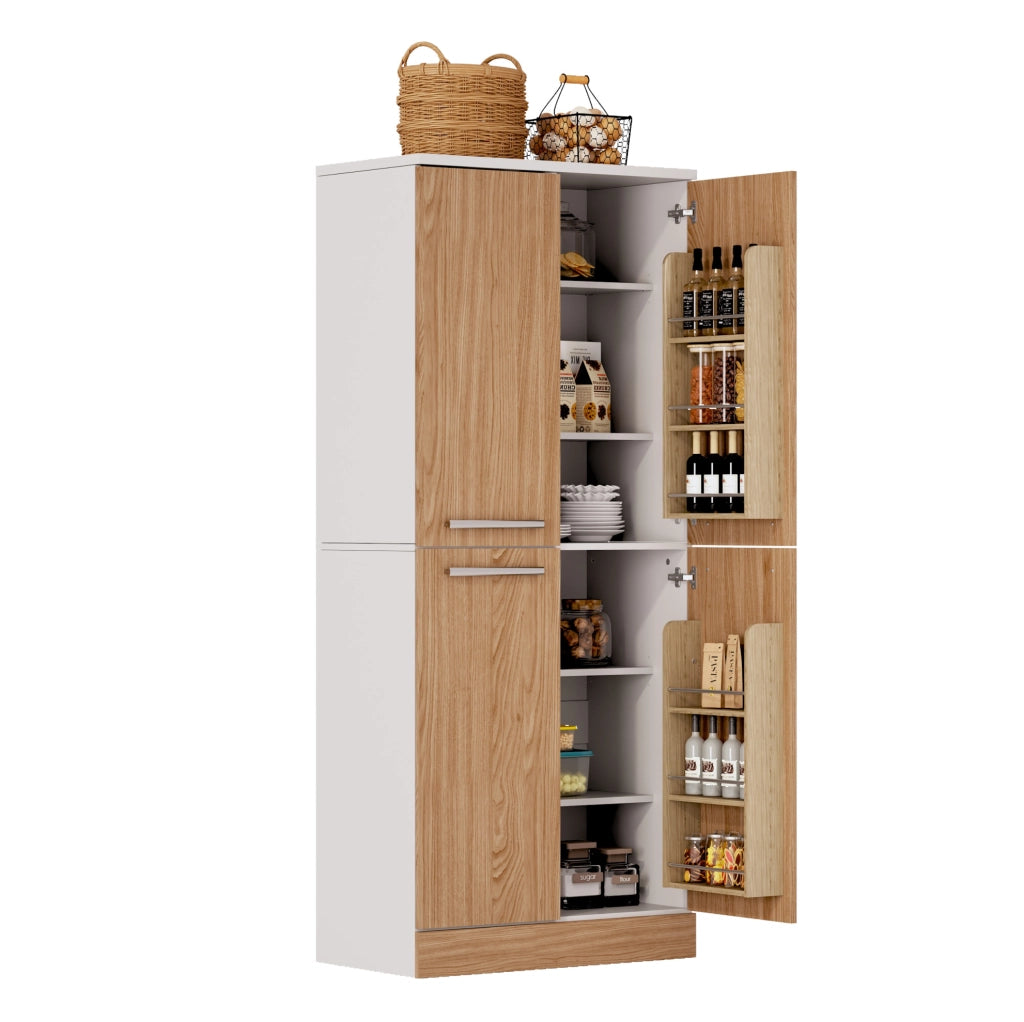 Mobile dispensa 76x42x180 cm con 4 ante e ripiani regolabili in MDF bianco e naturale