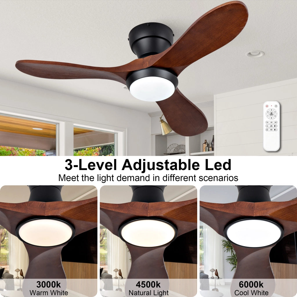 Ventilatore 36 pollici con illuminazione e telecomando, 3 pale legno massello, 3CCT, 6 velocit¨¤, silenzioso, motore DC reversibile