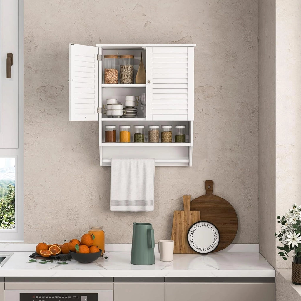Armadio da Bagno Sospeso con 3 Ripiani, Pensile da Bagno, con Portasciugamani e Ripiano Regolabile, 58x22x75cm, 3 Colori