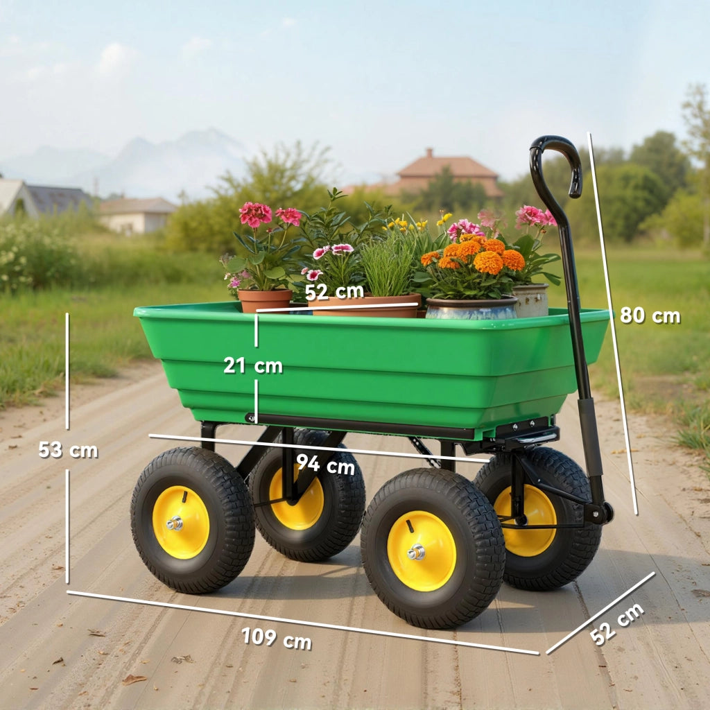 Carrello da Giardino 75L in Acciaio e PP con Vasca ribaltabile e Maniglia, 109x52x94 cm, Verde