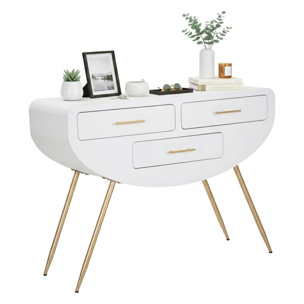 Consolle Tomato, Tavolo multiuso, Mobiletto d'appoggio, Scrivania da corridoio, 110x40 h80 cm, Bianco e Oro