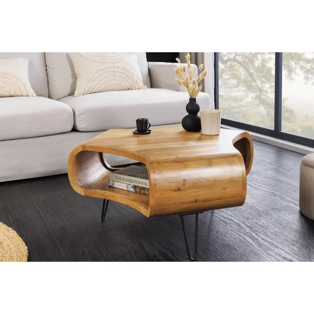 Tavolino basso NERA 70 cm in legno massiccio di acacia con nicchia e piedi in metallo nero – stile retro industriale