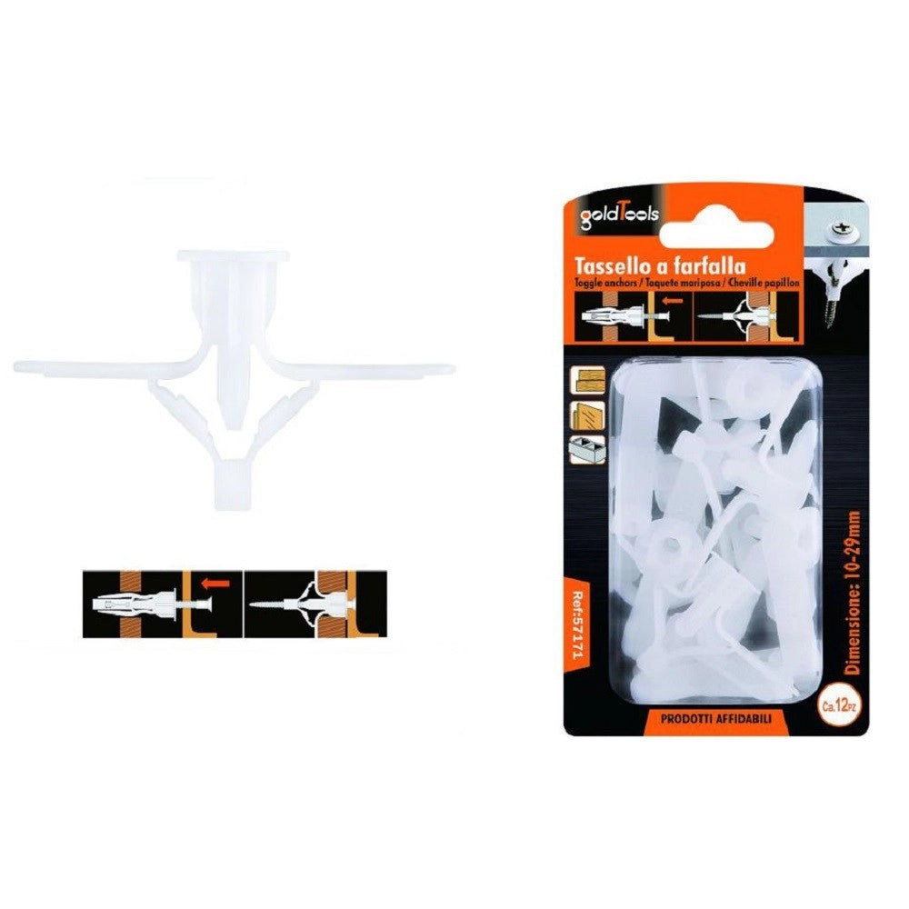 Trade Shop - Set 12 Pezzi Tasselli Tassello A Farfalla Espansione A Molla 10-29mm Viti 57171 -