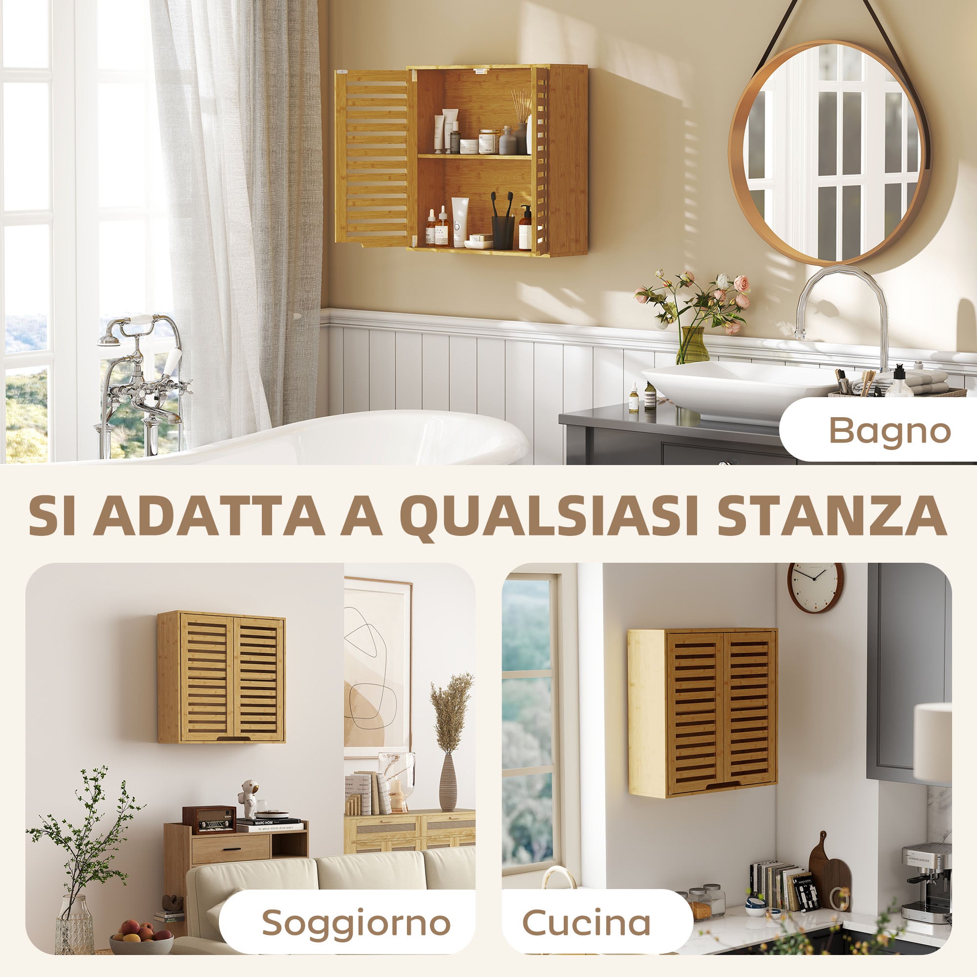 Pensile Bagno 60x20x60 cm con Ripiano Interno e Ante a Persiana in Bambù Color Legno