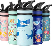 Fiasco termos per bambini da 420 ml, con imbuto in acciaio inossidabile, libero da lattine, BPA-free, per scuola, bambini, ragazzi e ragazze (azzurro chiaro - Big Shark)