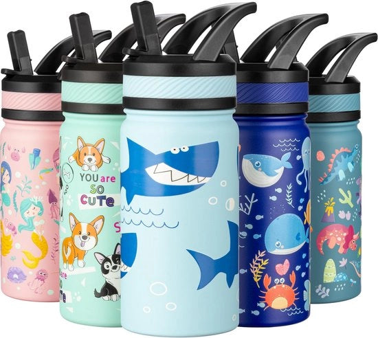 Fiasco termos per bambini da 420 ml, con imbuto in acciaio inossidabile, libero da lattine, BPA-free, per scuola, bambini, ragazzi e ragazze (azzurro chiaro - Big Shark)
