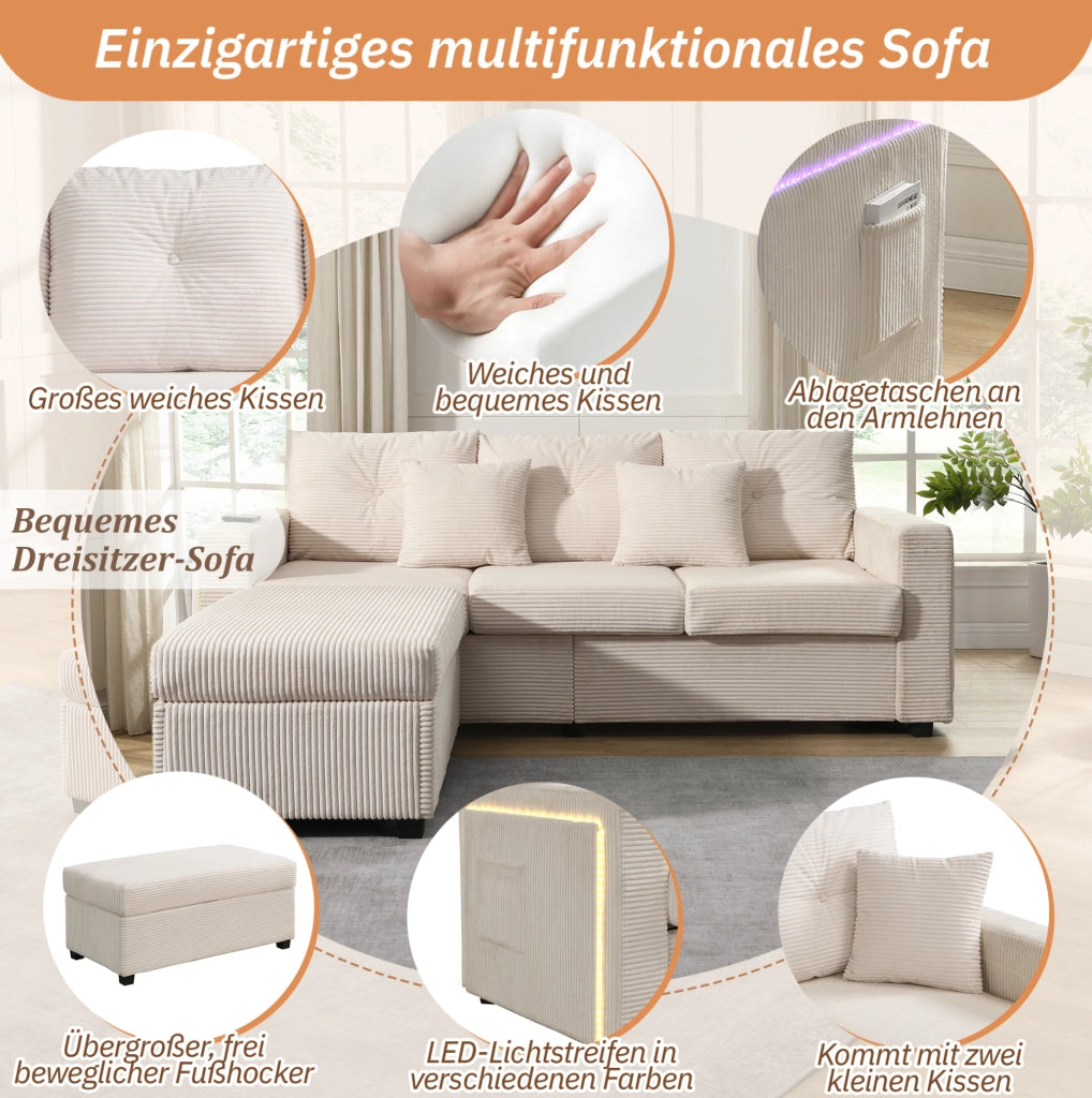 Divano angolare L-form con LED, pouf multifunzione, tessuto a coste beige