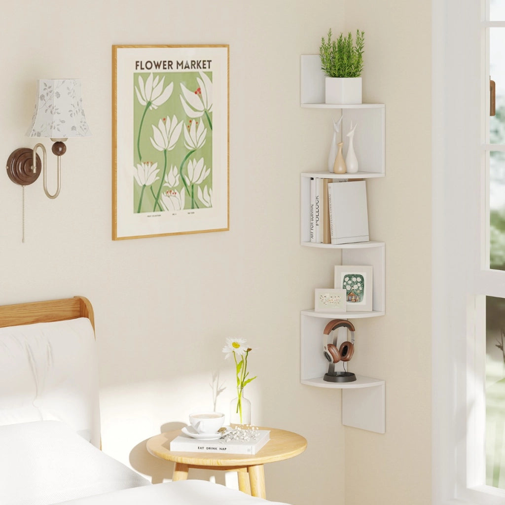 Scaffale sospeso a muro organizzatore di stoccaggio a parete-Scaffale angolare a 5 livelli espositore in legno per soggiorno Bianco