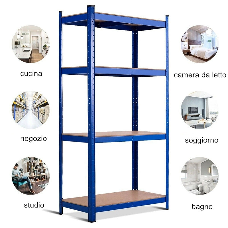 Scaffale 4 ripiani-Mensole in metallo per magazzino garage capannoni uffici 40x80x160cm Carico 520kg Blu