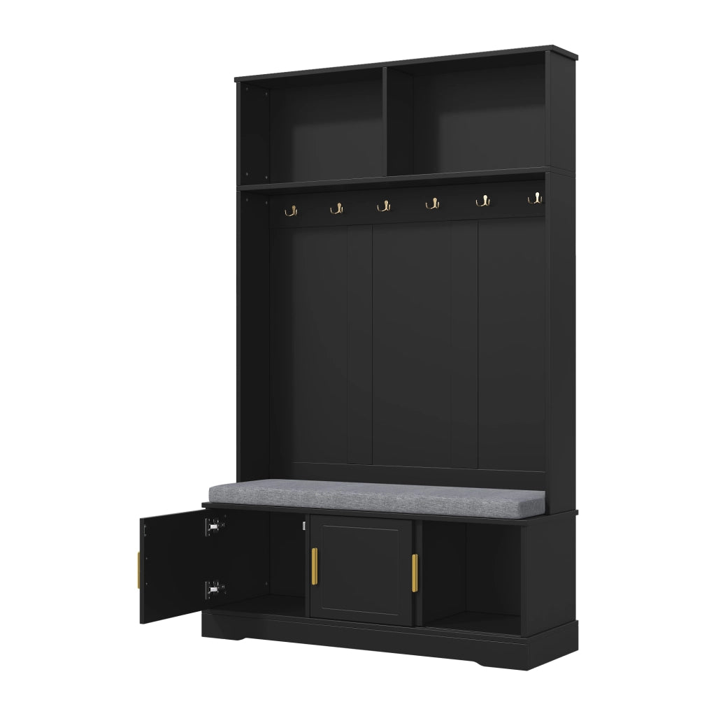 OKWISH Mobile da Ingresso con Panca Scarpiera, 6 Ganci Tripli e Ripiano Aperto, Antiribaltamento, Nero, 120 x 40 x 191 cm