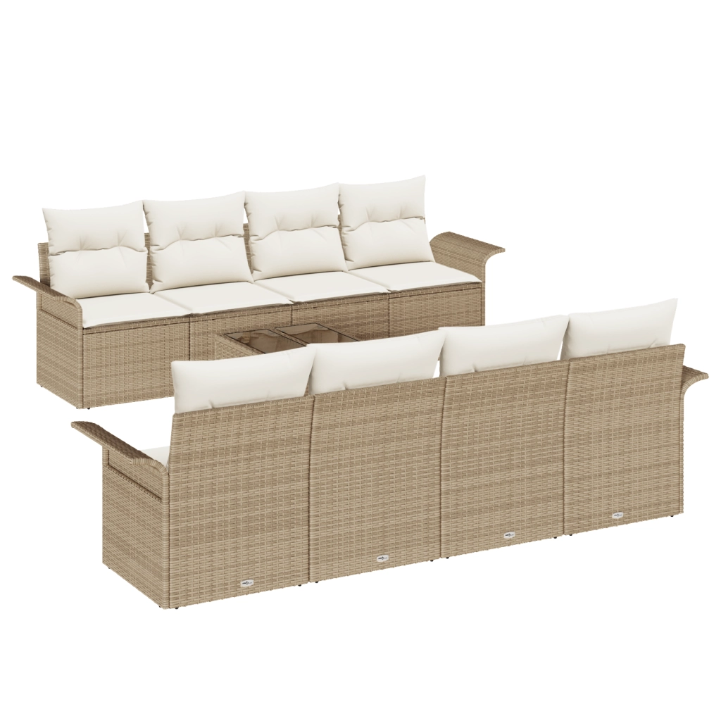 Set di Divani da Giardino 9 Pezzi con Cuscini Beige in Rattan Sintetico