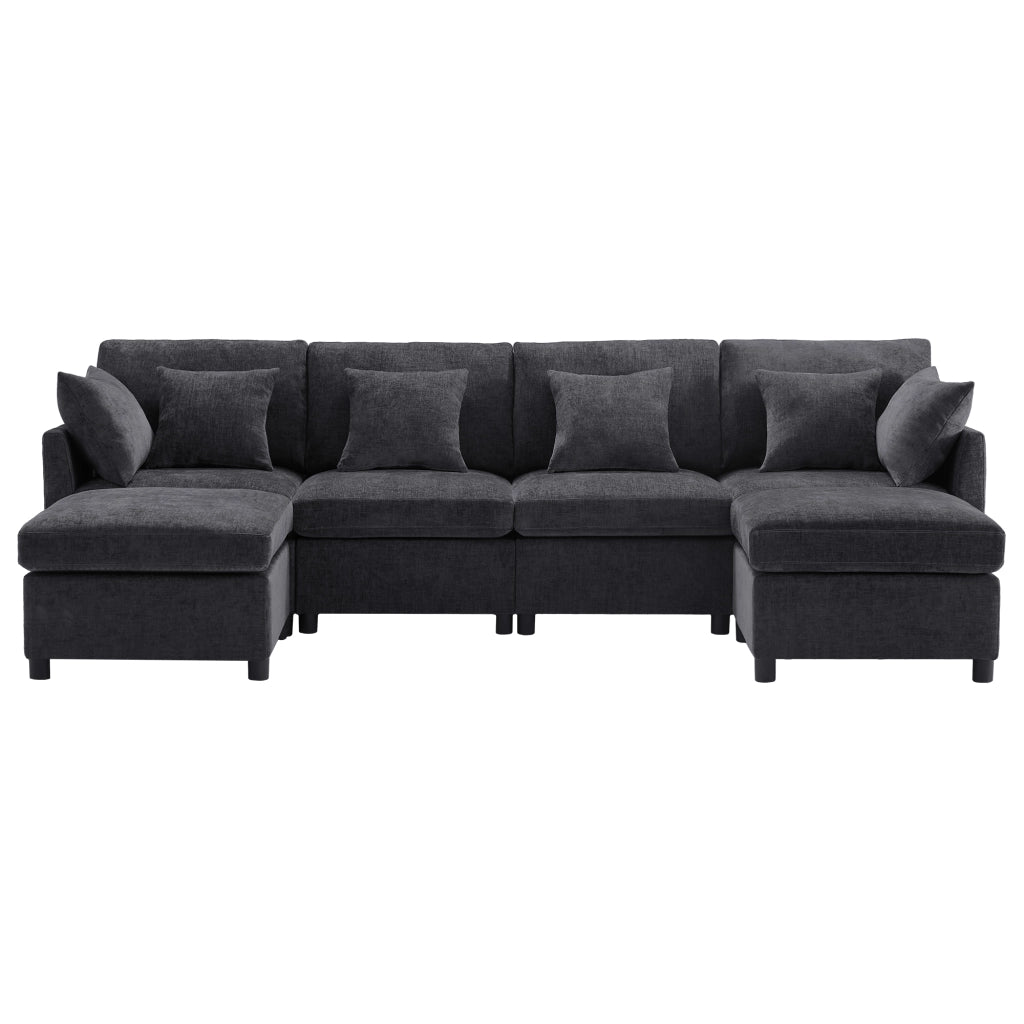 Divano Modulare Angolare con Poggiapiedi e Cuscini in Tessuto Chenille ¨C MINIMAL ¨C Grigio/Beige
