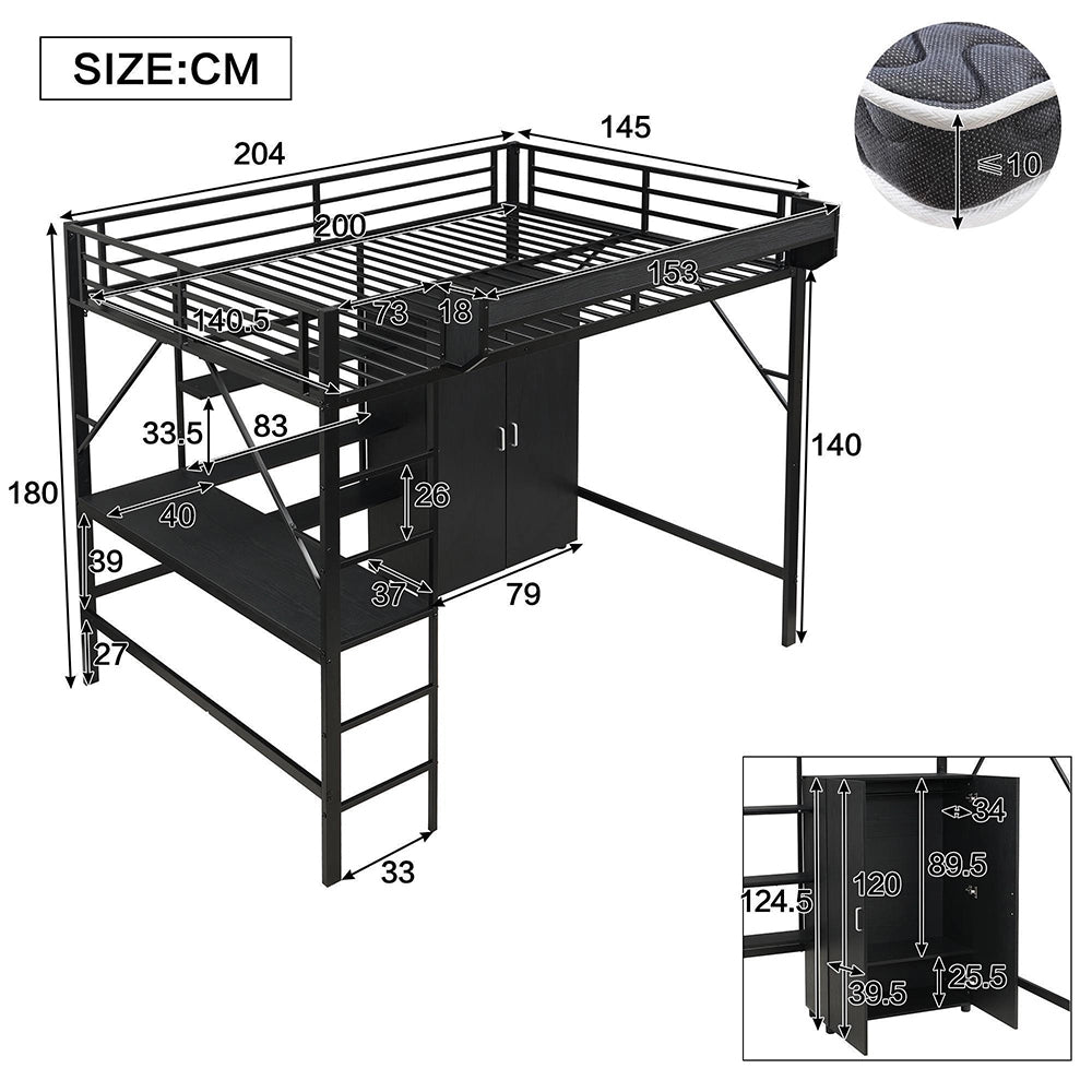 Letto mezzanino-Xylo-140x200cm ferro+MDF 2 livelli ripiano scrivania nero