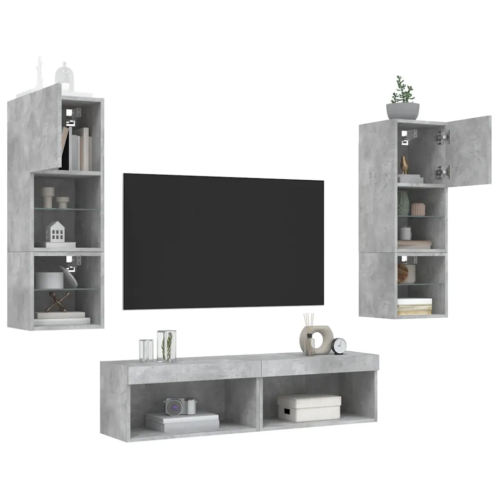 Mobili TV a Muro con LED 6pz Grigio Cemento Legno Multistrato 3216618