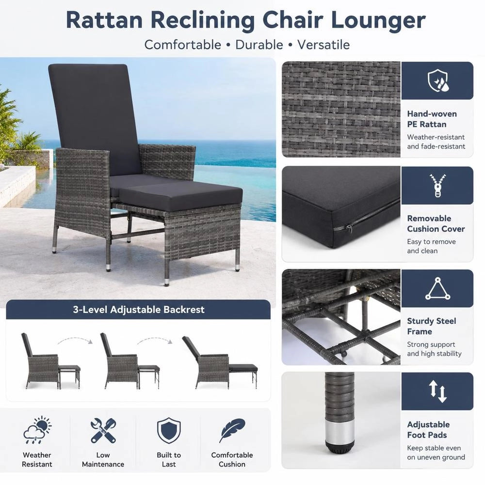 Garden Lounger With Cushions, Poly Rattan, Grey