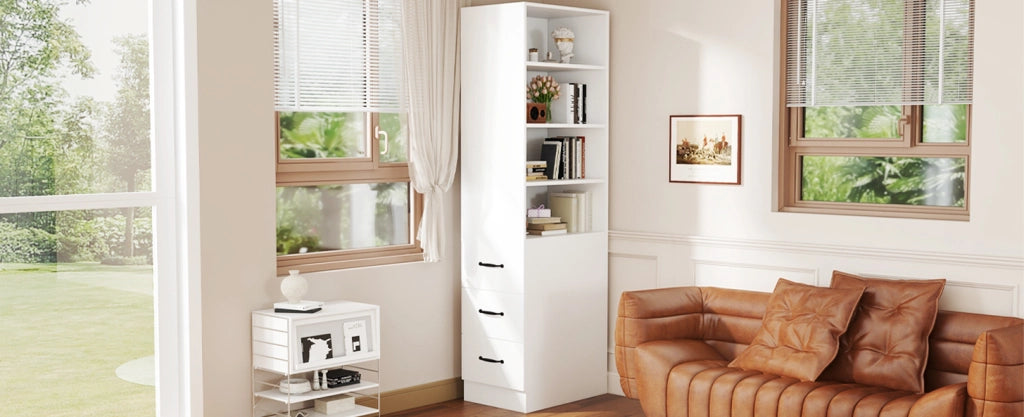 Libreria stretta 180 cm con 3 cassetti laterali e ripiani regolabili bianca
