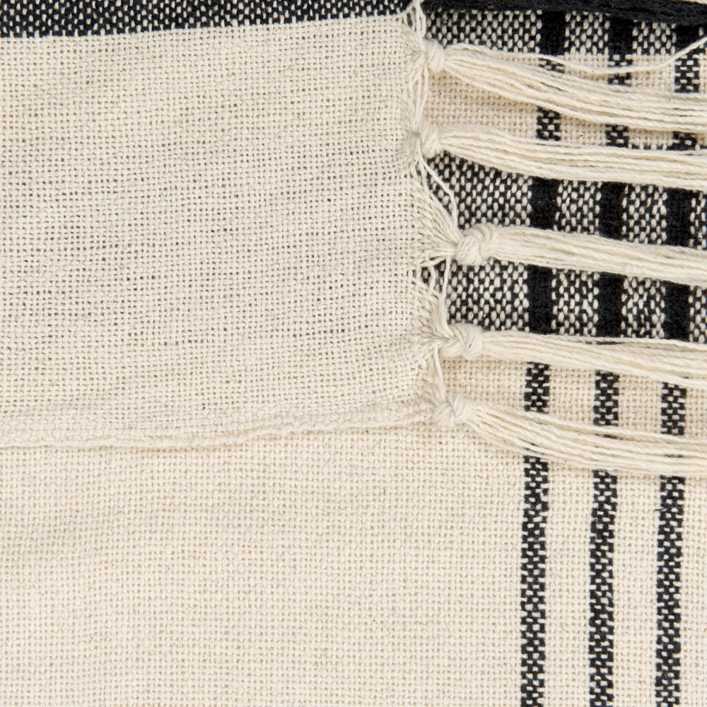 Coperta in cotone bianco sporco e nero 130 x 170 cm con frange decorative fatte a mano