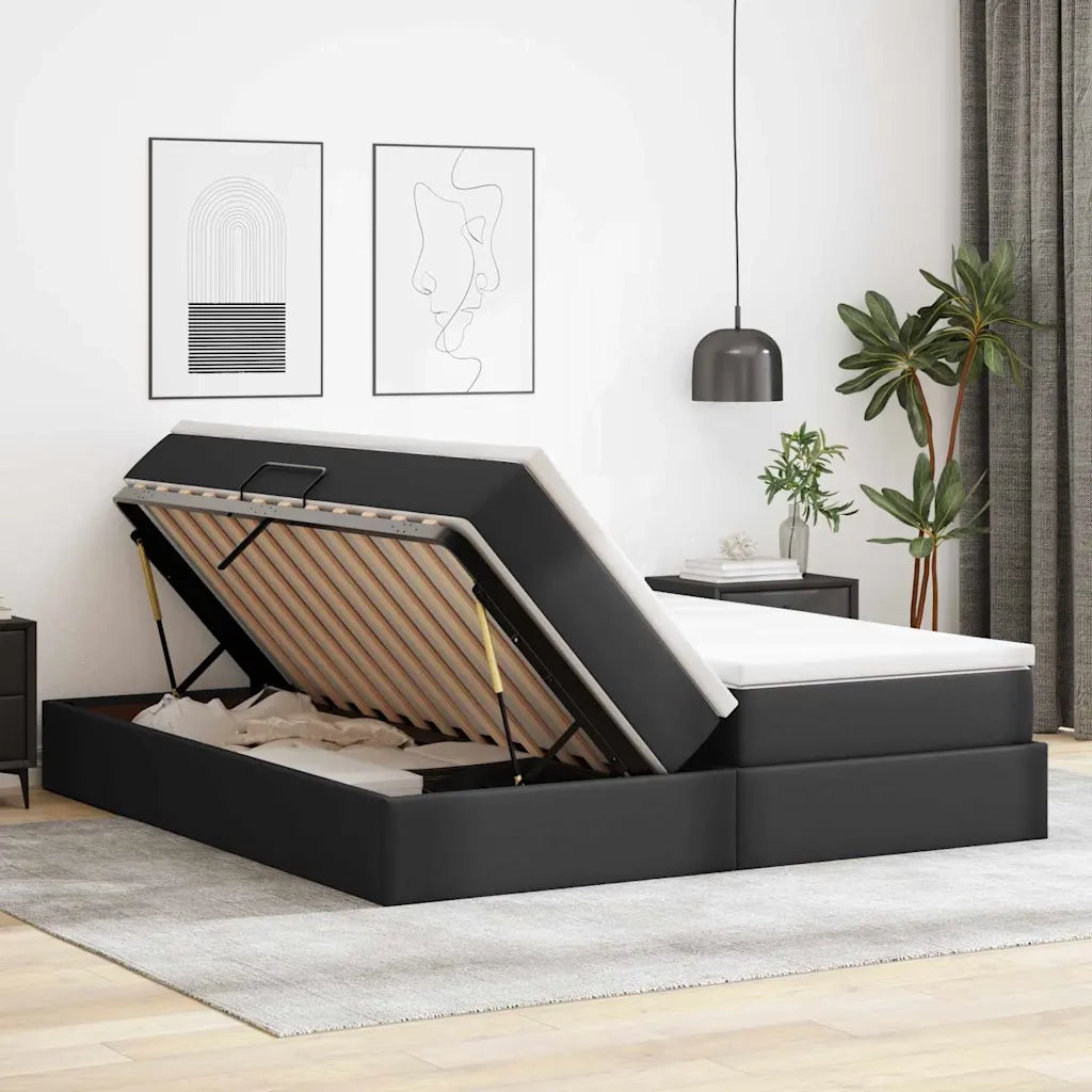 Letto con contenitore e materasso Nero 200 x 200 cm