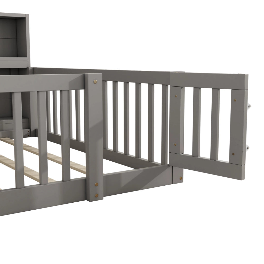 Letto daybed 205x164.5x87 cm con sponde di sicurezza e vani laterali in legno di pino e MDF grigio