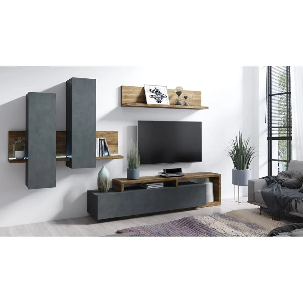 Set di mobili da soggiorno con LED collezione BERGAMO. Colori grigio e rovere scuro.