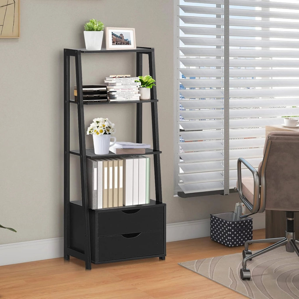 Scaffale a 3 Ripiani Stile Moderno, Libreria con Struttura con 2 Cassetti, Adatto per Soggiorno, Studio, Cucina, Camera da Letto e Ufficio, Nero, 52x40x133 cm